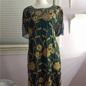 Emerald Green Sheer Dress with Gold Floral Embroidery